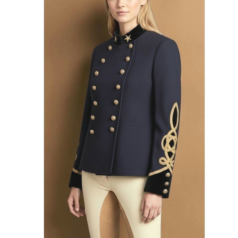 RALPH LAUREN Womens L Military Napoleonic Jacket Navy -Embroidery Velvet Peplum